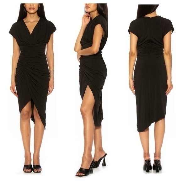 NWT Alexia Admor Genesis Black Draped V-Neck Ruched Midi Dress Small S RR26 - Picture 1 of 13
